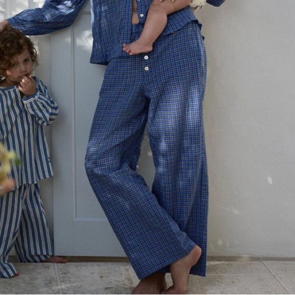 Doen Pants - Doen Morgan Cotton Poplin Plaid Drawstring Pull On Baggy Pants Cassis Check Blue